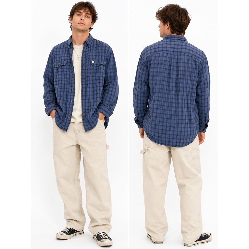 Carhartt Plaid Button Down Mens XL Blue Black Long Sleeve Original Fit Workwear